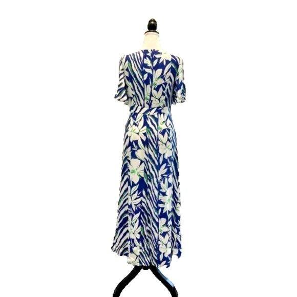 French Connection Blue Diah Wrap Midi Dress Floral Ruffle Short Sleeve Sz 10 - Picture 4 of 7